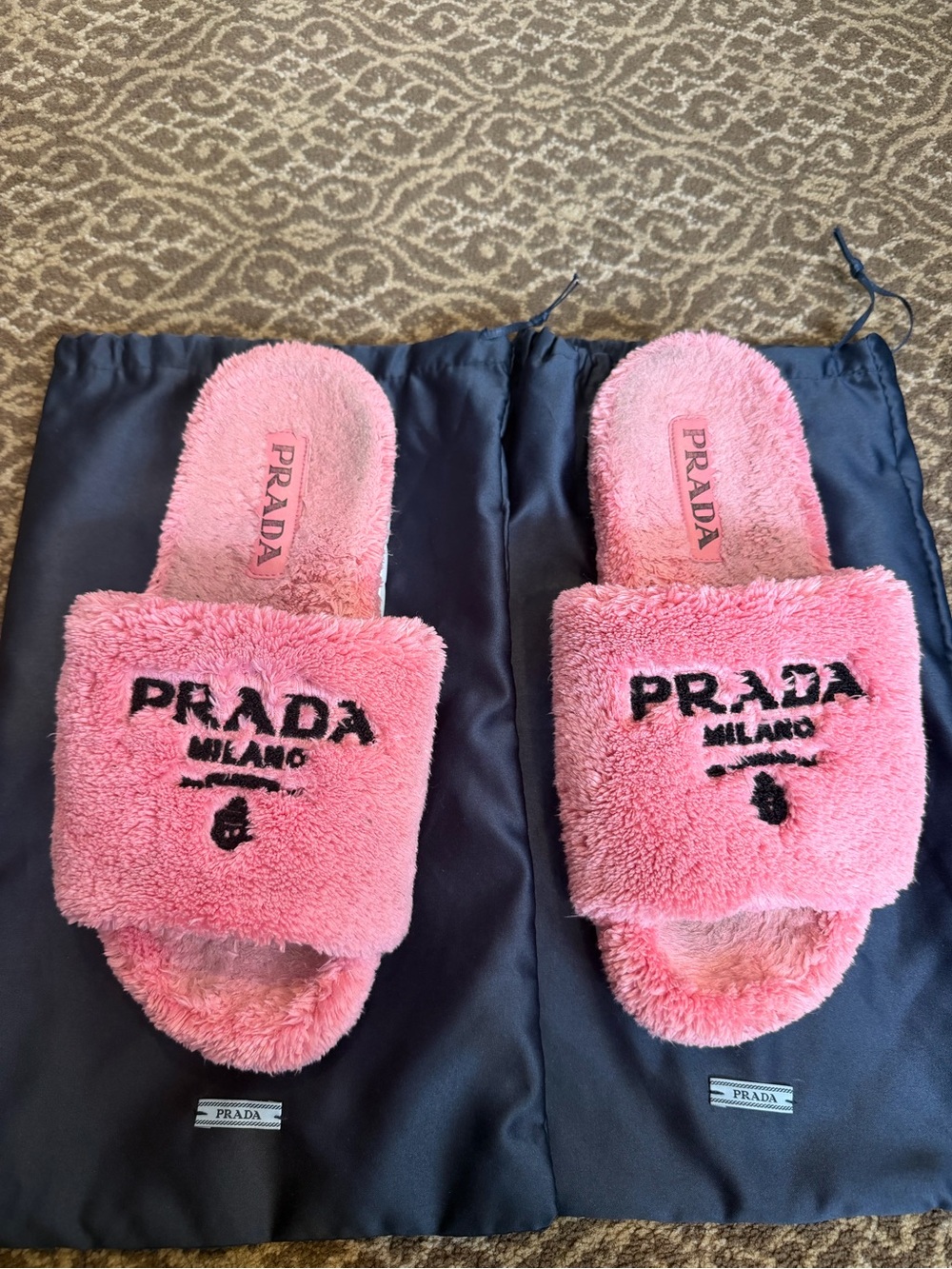 Prada Terry Cloth Logo Lug Sole 20mm Slide Sandals 38 Petalo Black